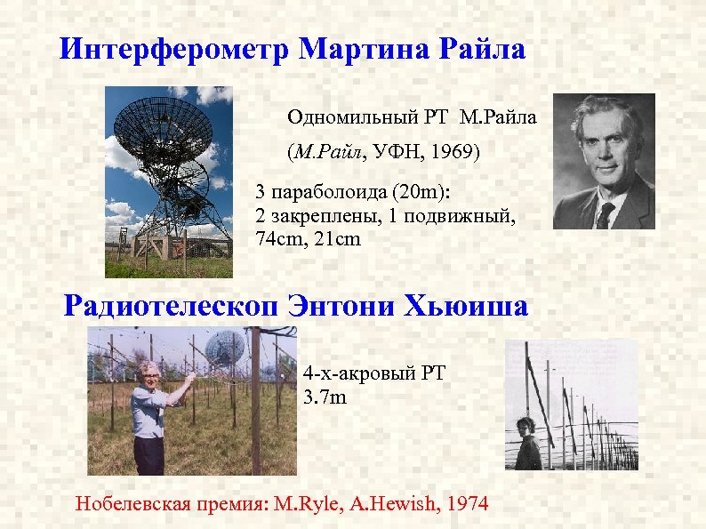 Интерферометр Мартина Райла Одномильный РТ М. Райла (М. Райл, УФН, 1969) 3 параболоида (20