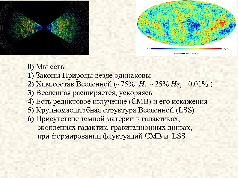 0) Мы есть 1) Законы Природы везде одинаковы 2) Хим. состав Вселенной (~75% H,
