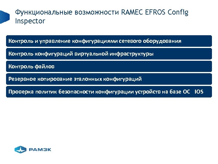 Функциональные возможности RAMEC EFROS Config Inspector Контроль и управление конфигурациями сетевого оборудования Контроль конфигураций