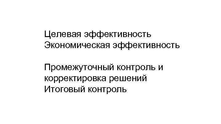 Целевая эффективность Экономическая эффективность Промежуточный контроль и корректировка решений Итоговый контроль 