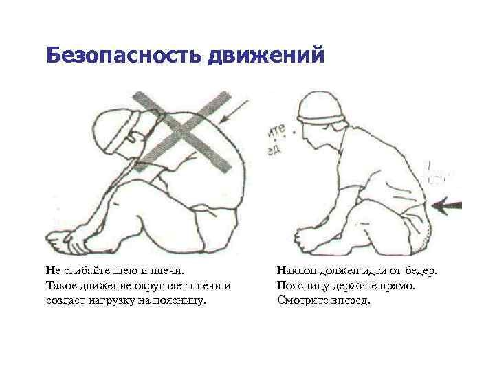 Безопасность движений Не сгибайте шею и плечи. Такое движение округляет плечи и создает нагрузку