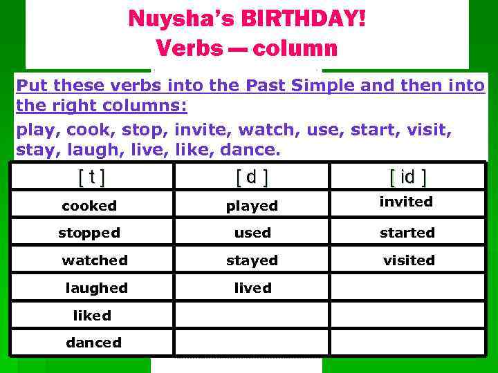Nuysha’s BIRTHDAY! Verbs — column Put these verbs into the Past Simple and then