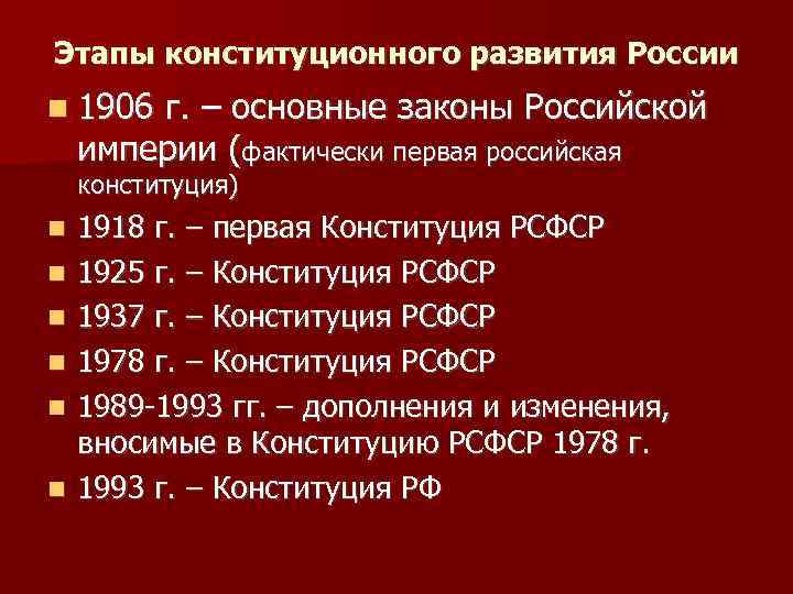 Этапы конституционного развития России 1906 г. – основные законы Российской империи (фактически первая российская