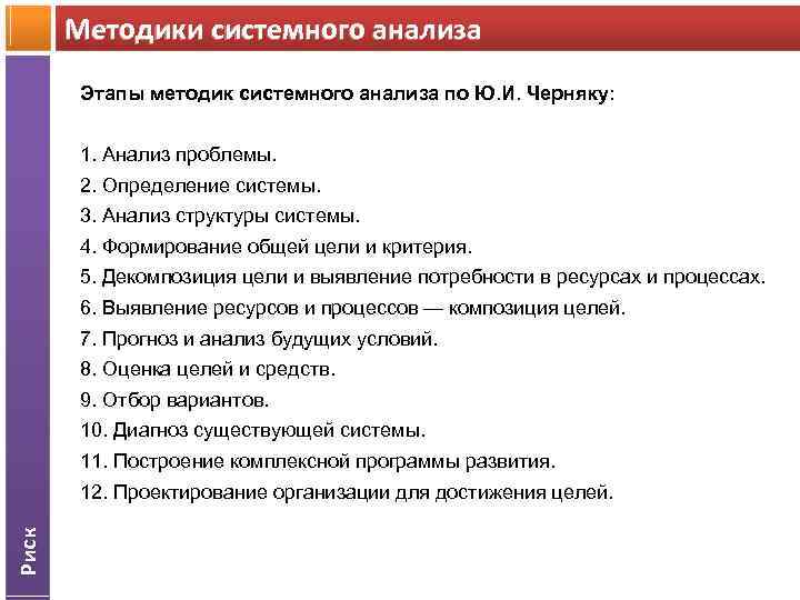 Методики системного анализа Этапы методик системного анализа по Ю. И. Черняку: 1. Анализ проблемы.