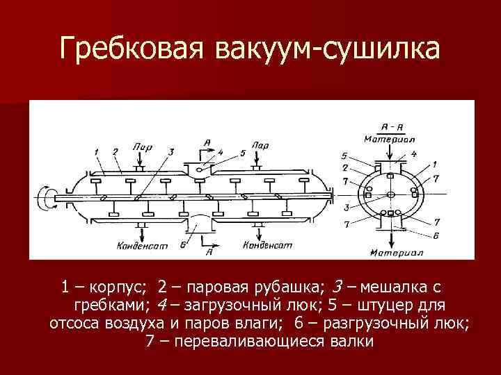 Гребковая вакуум сушилка 1 – корпус; 2 – паровая рубашка; 3 – мешалка с