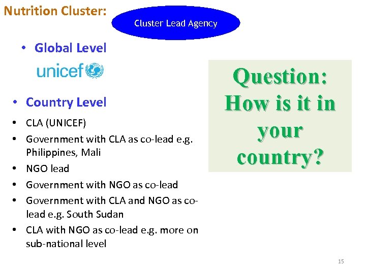 Nutrition Cluster: Cluster Lead Agency • Global Level • Country Level • CLA (UNICEF)