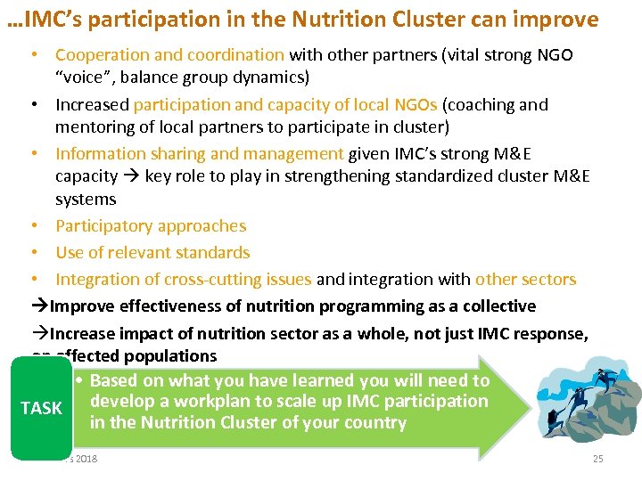 …IMC’s participation in the Nutrition Cluster can improve • Cooperation and coordination with other