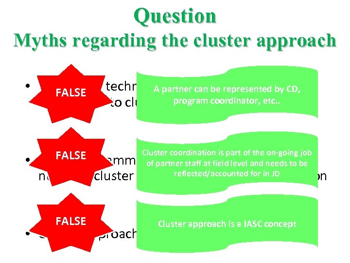 Question Myths regarding the cluster approach • The lack of technical partneris abe represented