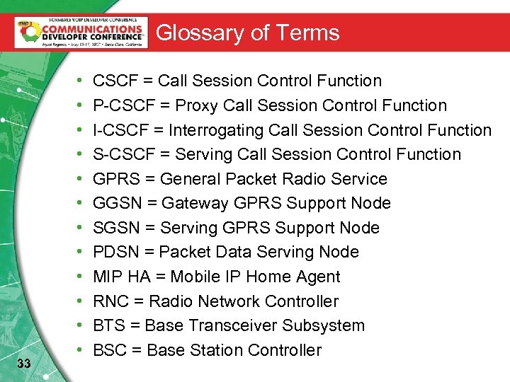 Glossary of Terms 33 • • • CSCF = Call Session Control Function P-CSCF