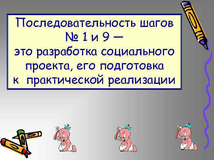 Последовательность шагов № 1 и 9— это разработка социального проекта, его подготовка к практической
