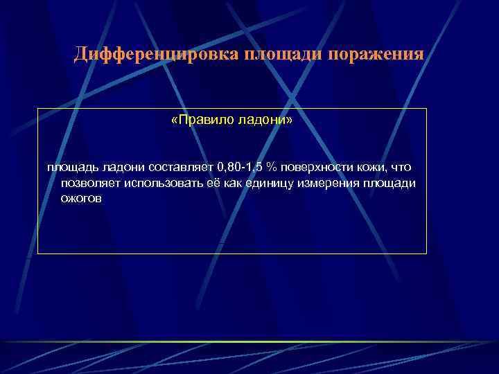 Дифференцировка площади поражения «Правило ладони» площадь ладони составляет 0, 80 -1, 5 % поверхности