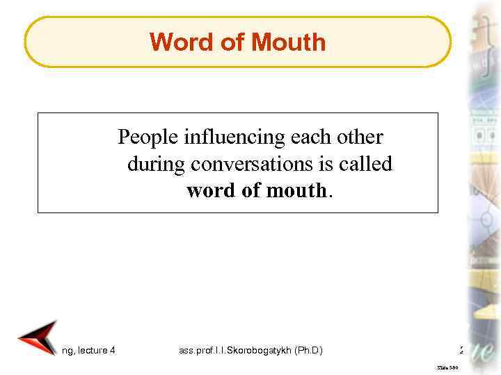 Word of Mouth People influencing each other during conversations is called word of mouth.