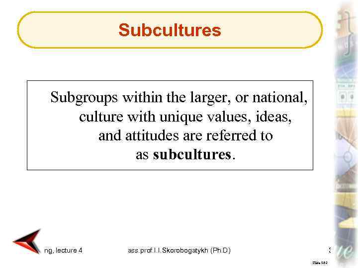 Subcultures Subgroups within the larger, or national, culture with unique values, ideas, and attitudes
