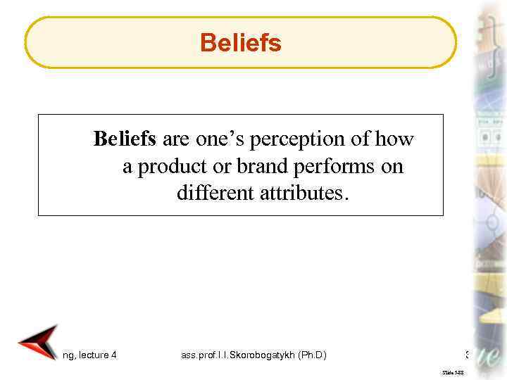 Beliefs are one’s perception of how a product or brand performs on different attributes.