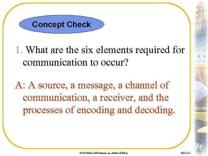 Concept Check 1. What are the six elements required for communication to occur? A:
