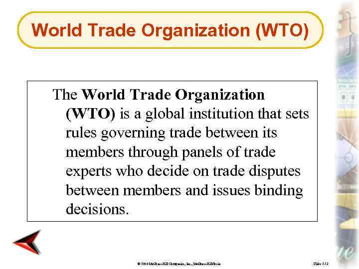 World Trade Organization (WTO) The World Trade Organization (WTO) is a global institution that