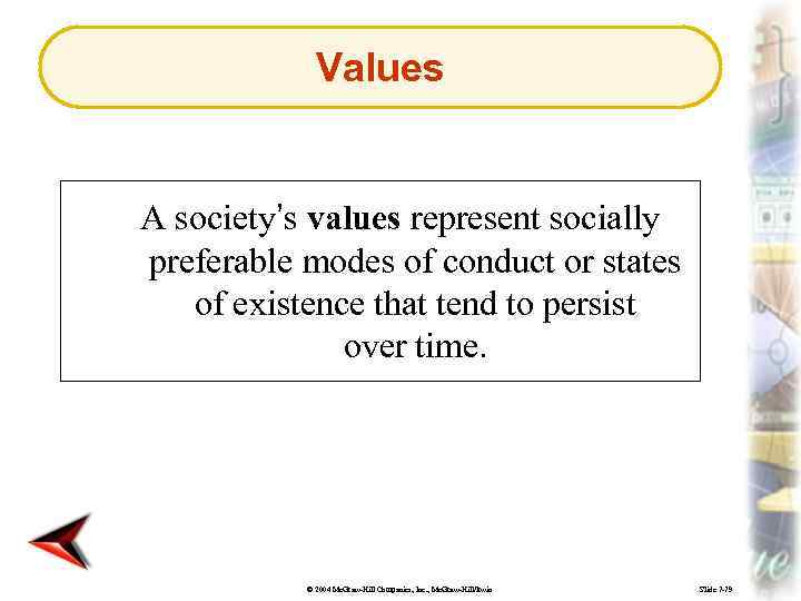 Values A society’s values represent socially preferable modes of conduct or states of existence