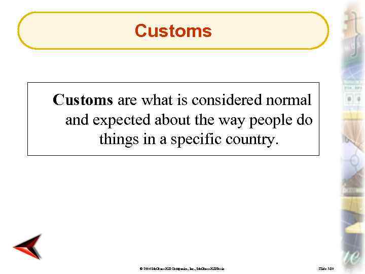Customs are what is considered normal and expected about the way people do things