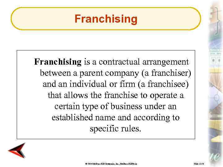 Franchising is a contractual arrangement between a parent company (a franchiser) and an individual