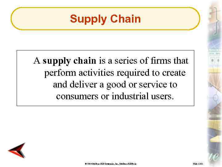 Supply Chain A supply chain is a series of firms that perform activities required