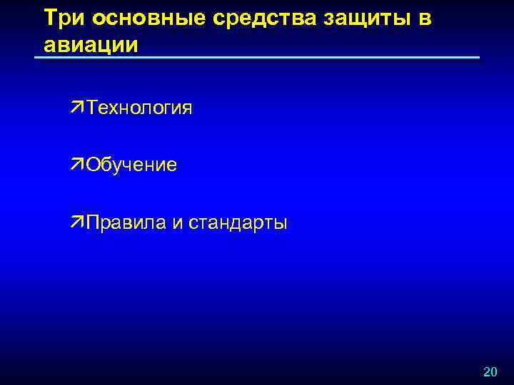 Три основные средства защиты в авиации äТехнология äОбучение äПравила и стандарты 20 