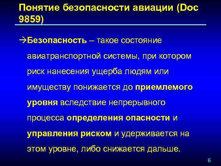Понятие безопасности авиации (Doc 9859) àБезопасность – такое состояние авиатранспортной системы, при котором риск
