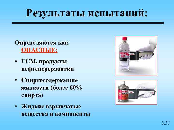 Результаты испытаний: Определяются как ОПАСНЫЕ: • ГСМ, продукты нефтепереработки • Спиртосодержащие жидкости (более 60%