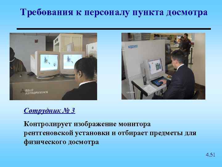 Требования к персоналу пункта досмотра Сотрудник № 3 Контролирует изображение монитора рентгеновской установки и