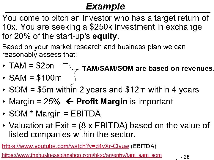 Example You come to pitch an investor who has a target return of 10