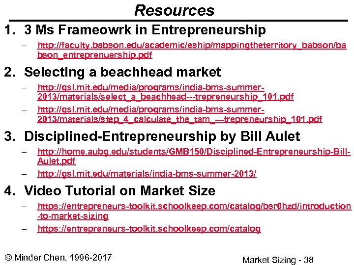 Resources 1. 3 Ms Frameowrk in Entrepreneurship – http: //faculty. babson. edu/academic/eship/mappingtheterritory_babson/ba bson_entreprenuership. pdf