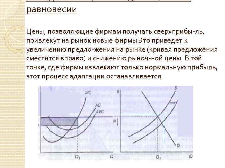 Конкурентный рынок в долгосрочном равновесии Цены, позволяющие фирмам получать сверхприбы ль, привлекут на рынок