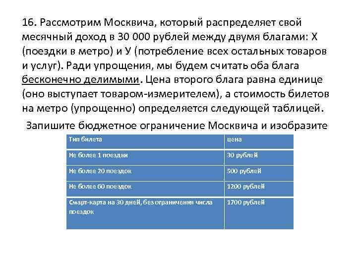 16. Рассмотрим Москвича, который распределяет свой месячный доход в 30 000 рублей между двумя