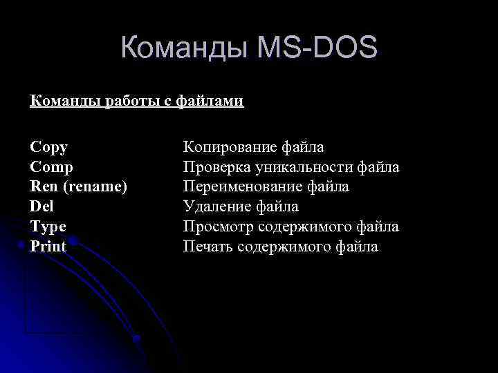 Команды MS-DOS Команды работы с файлами Copy Comp Ren (rename) Del Type Print Копирование