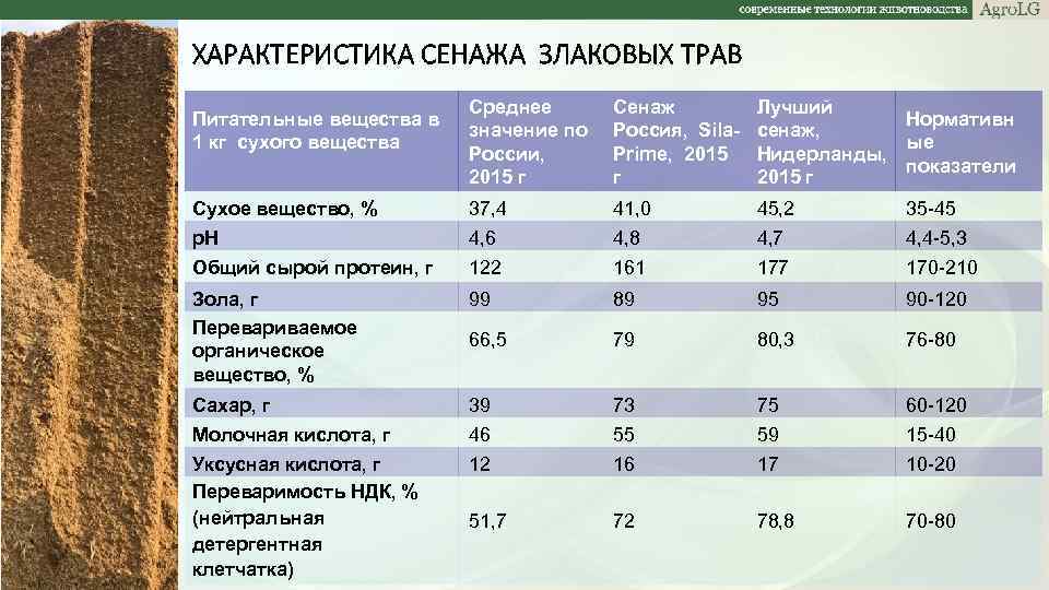 ХАРАКТЕРИСТИКА СЕНАЖА ЗЛАКОВЫХ ТРАВ Среднее значение по России, 2015 г Сенаж Россия, Sila. Prime,