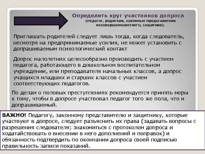 Определить круг участников допроса (педагог, родители, законные представители несовершеннолетнего, защитник). Приглашать родителей следует лишь