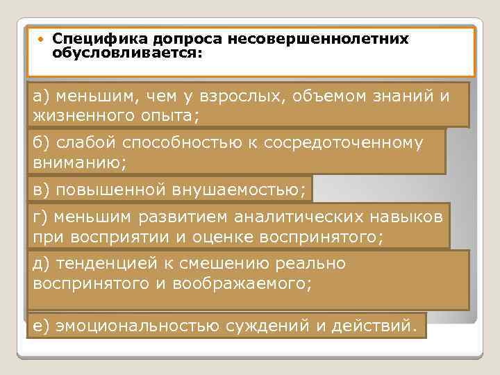  Специфика допроса несовершеннолетних обусловливается: а) меньшим, чем у взрослых, объемом знаний и жизненного