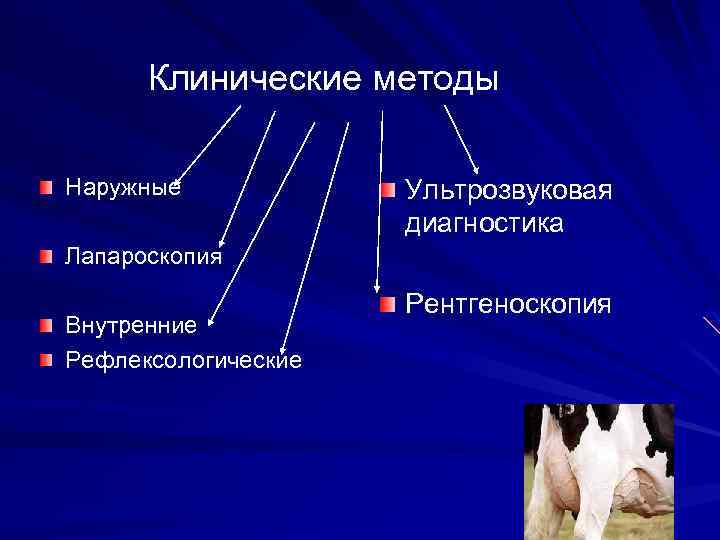 Клинические методы Наружные Ультрозвуковая диагностика Лапароскопия Внутренние Рефлексологические Рентгеноскопия 