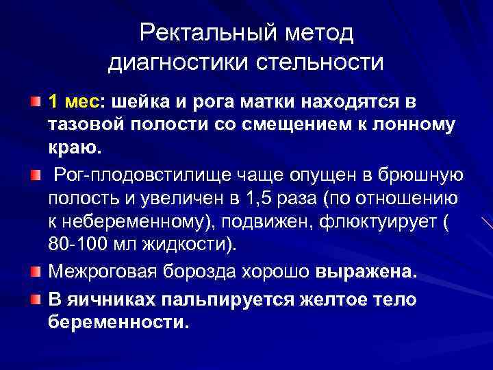 Ректальный метод диагностики стельности 1 мес: шейка и рога матки находятся в тазовой полости