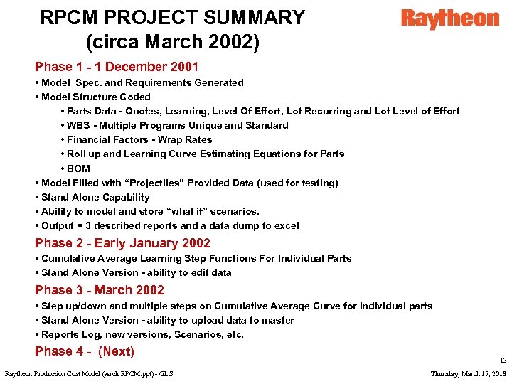 RPCM PROJECT SUMMARY (circa March 2002) Phase 1 - 1 December 2001 • Model