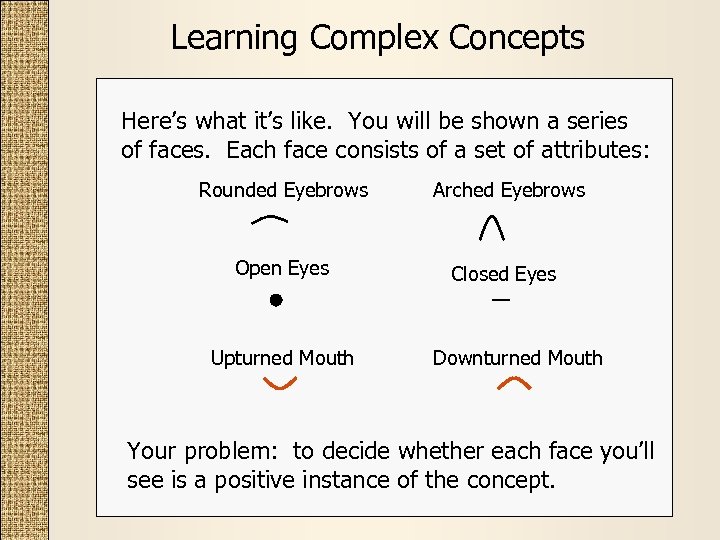 Learning Complex Concepts Here’s what it’s like. You will be shown a series of