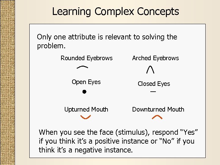 Learning Complex Concepts Only one attribute is relevant to solving the problem. Rounded Eyebrows