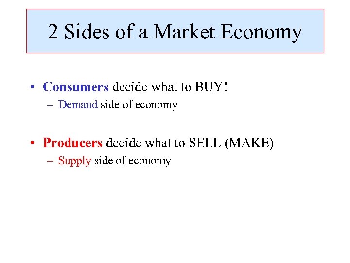 2 Sides of a Market Economy • Consumers decide what to BUY! – Demand