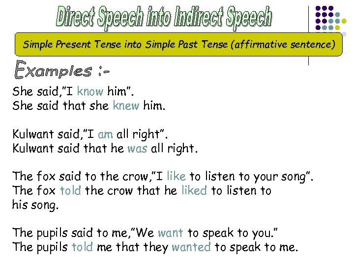 Simple Present Tense into Simple Past Tense (affirmative sentence) She said, ”I know him”.