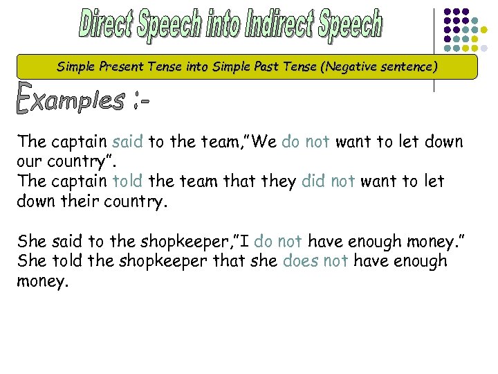 Simple Present Tense into Simple Past Tense (Negative sentence) The captain said to the