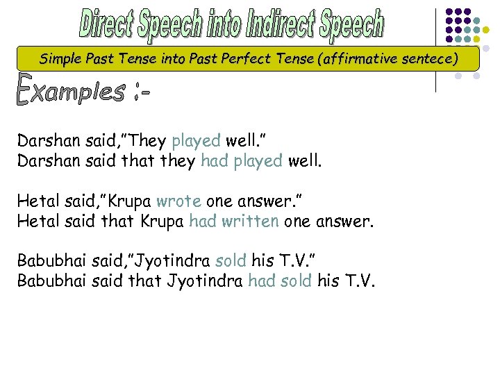 Simple Past Tense into Past Perfect Tense (affirmative sentece) Darshan said, ”They played well.