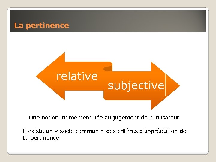 La pertinence relative subjective Une notion intimement liée au jugement de l’utilisateur Il existe
