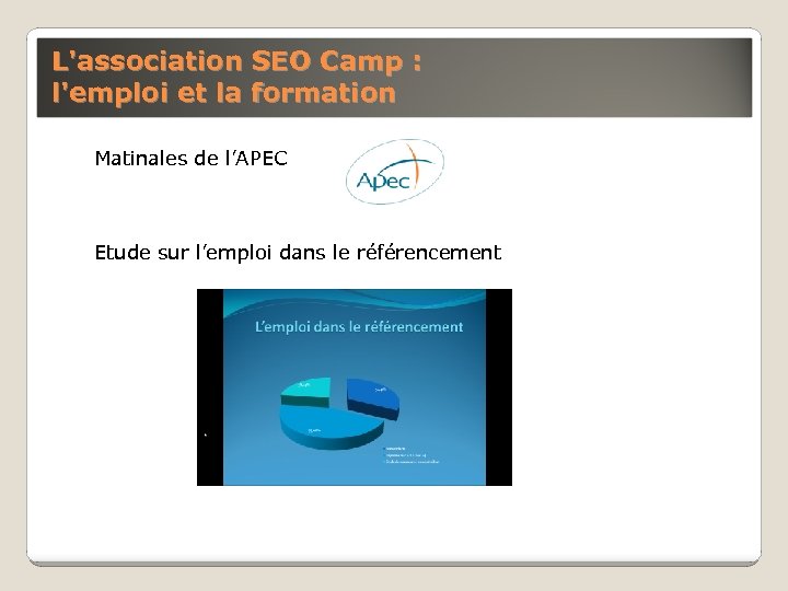 L'association SEO Camp : l'emploi et la formation Matinales de l’APEC Etude sur l’emploi