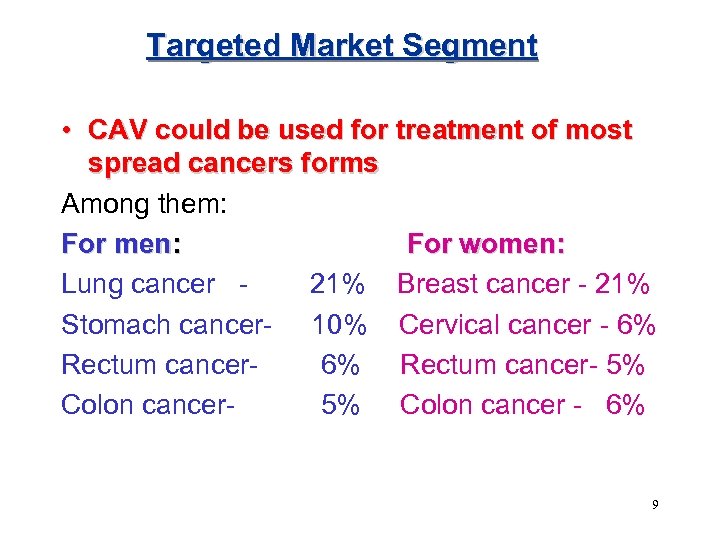 Targeted Market Segment • CAV could be used for treatment of most spread cancers