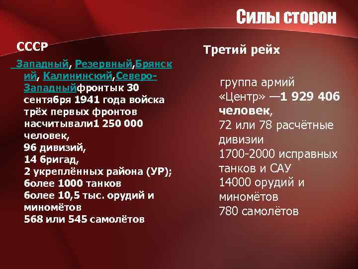 Силы сторон СССР Западный, Резервный, Брянск ий, Калининский, Северо. Западныйфронтык 30 сентября 1941 года