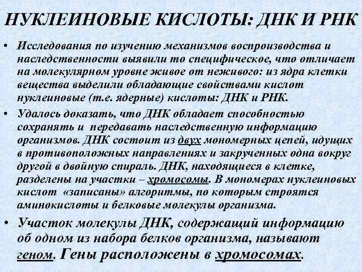 НУКЛЕИНОВЫЕ КИСЛОТЫ: ДНК И РНК • Исследования по изучению механизмов воспроизводства и наследственности выявили